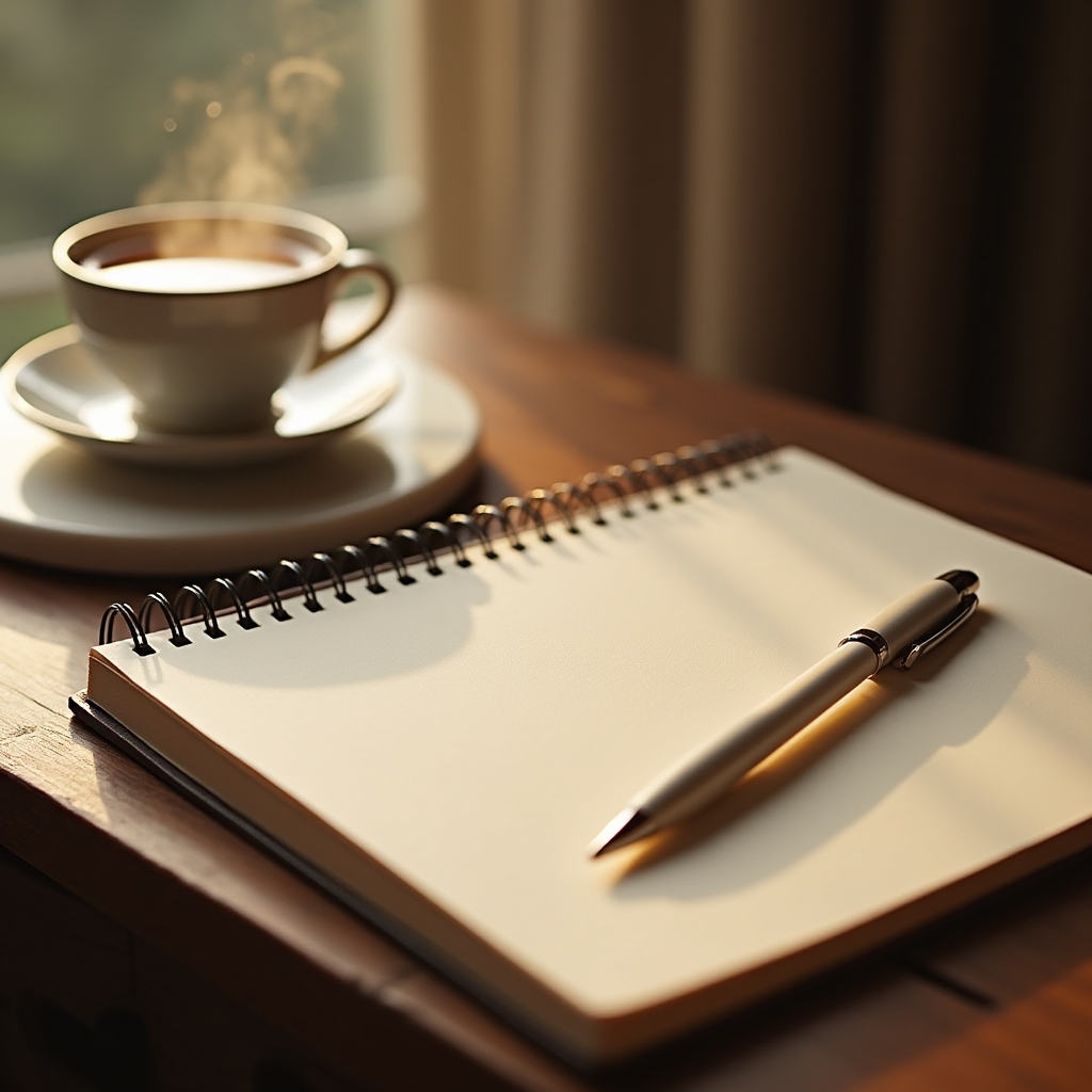 Aufgeschlagenes Notizbuch mit Stift, bereit für die ersten Finanznotizen