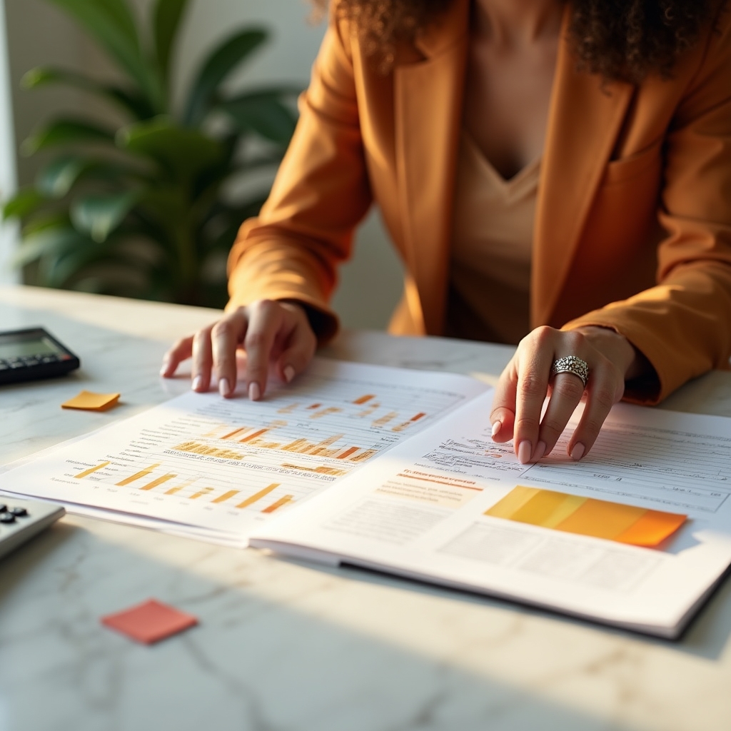 Tisch mit Budgetplanung, handschriftlichen Notizen und einem Taschenrechner