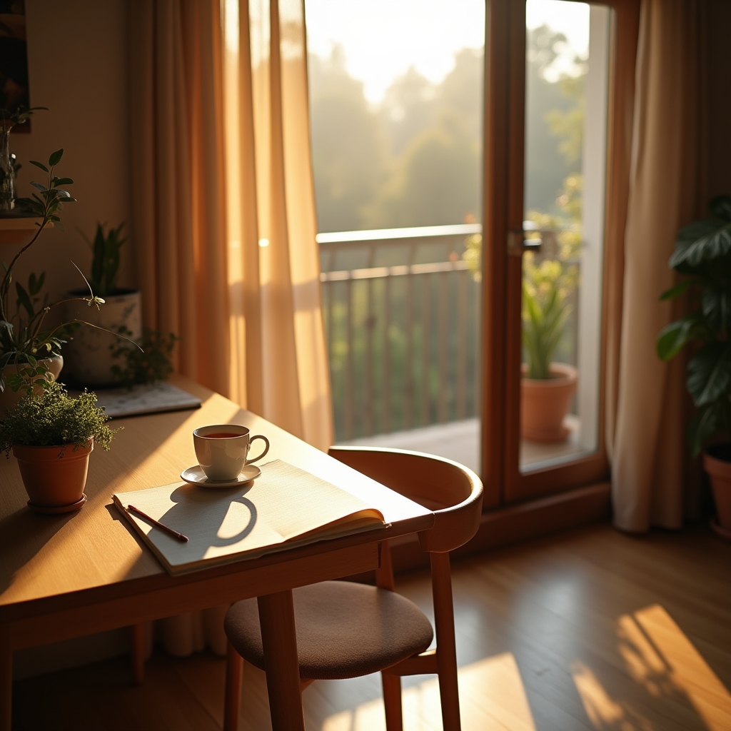 Ruhiger Arbeitsplatz mit Blick aus dem Fenster und aufgeschlagenem Notizbuch