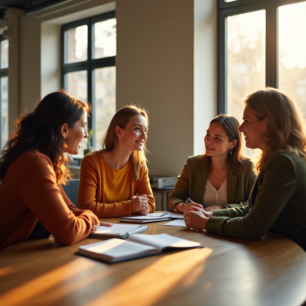Team von Summerglow im Gespräch an einem großen Holztisch im Büro